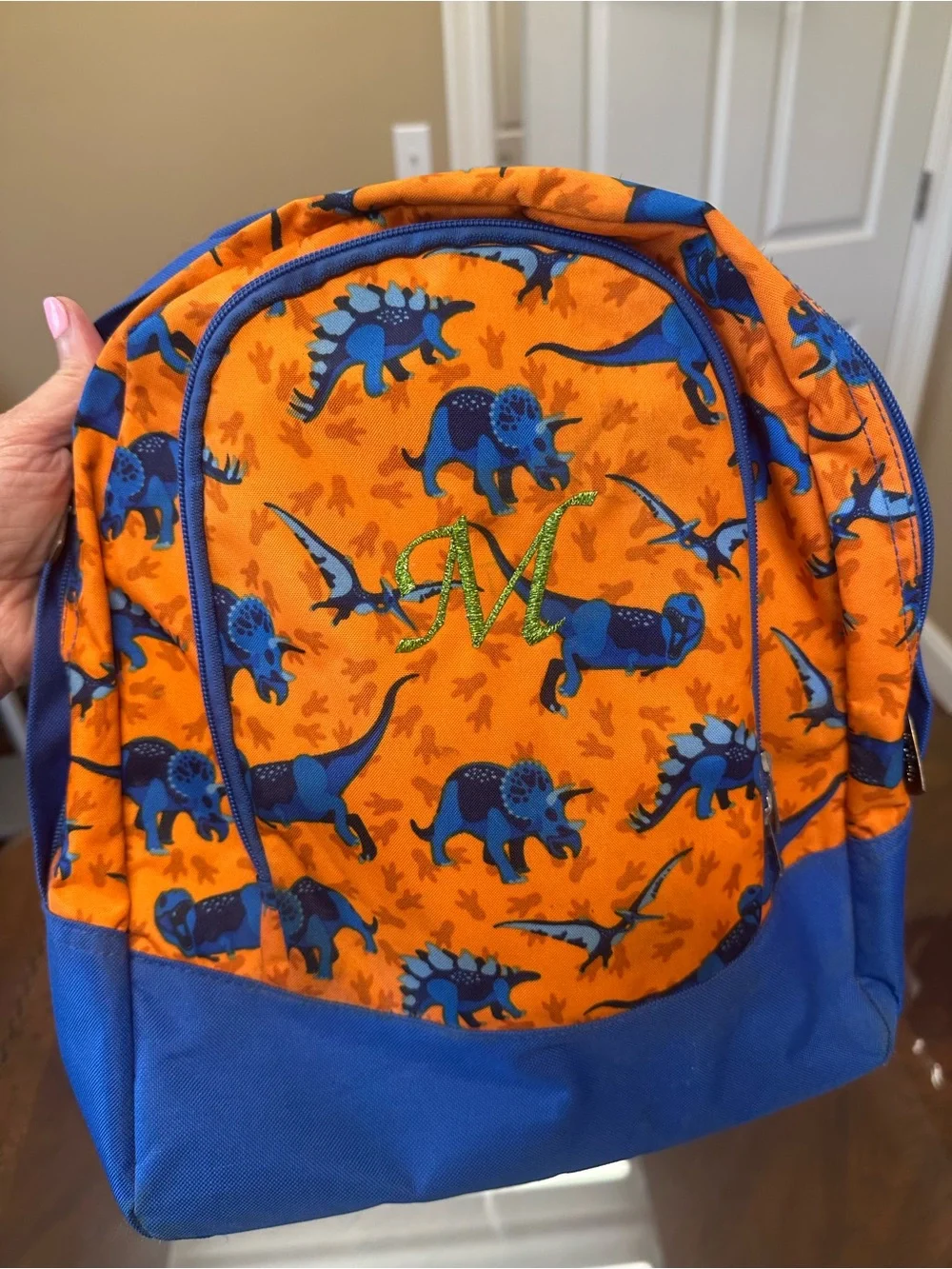 Kids Orange & Blue Dinosaur Backpack with Green Monogram